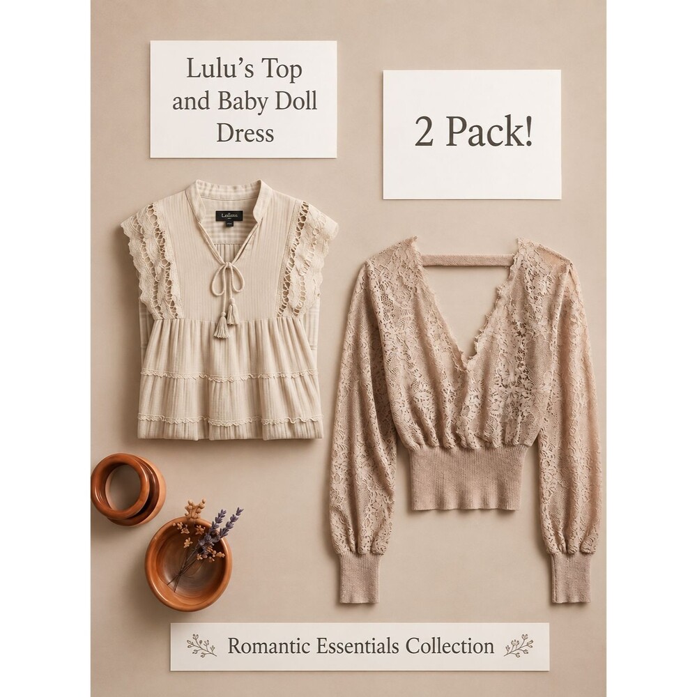 2 PACK LOT! Lulus Open Back Lace Knit Sweater & Baby Doll Tiered Gauze Dress S